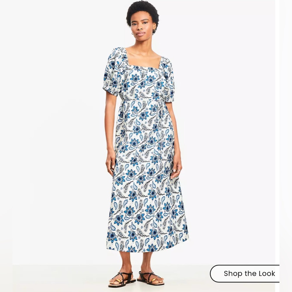 LOFT Blue and White Floral Midi Dress